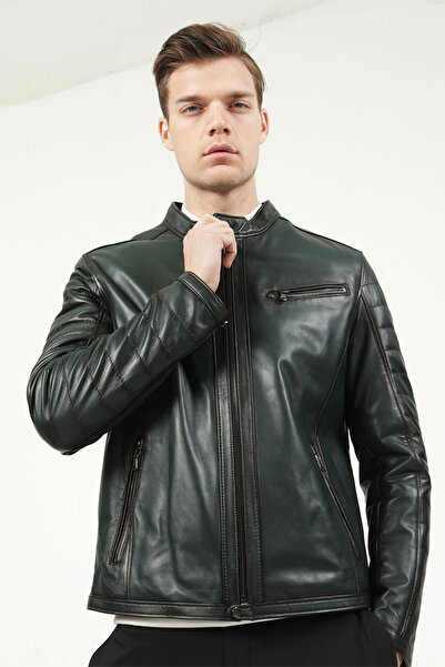 Dericlub Brg Erkek Hakim Yaka Slimfit Hakiki Deri Mont Yeşil