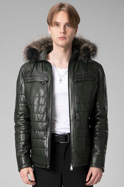 Dericlub E1039 Green Men's Coat - Hooded and Vegetal Genuine Leather