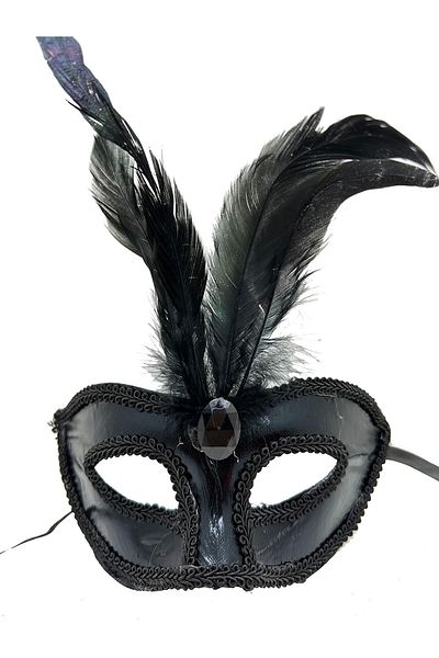 nuit dose Black Color Patent Leather Coated Black Feather Party Mask 18X20 cm