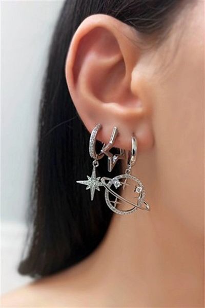 Çlk Accessories أقراط مكونة من 3 قطع من حجر الزركون زحل ونجم الشمال Trküpe3754 B36503