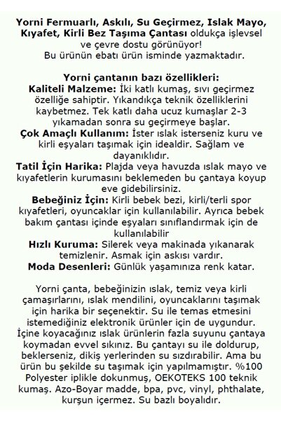 yorni Jungle Su Geçirmez Çanta 41x46 cm Büyük Boy Fermuarlı Askılı Islak Mayo Kirli Bez Kıyafet Taşıma Çantası