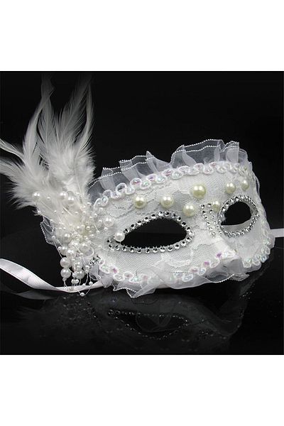 colezium White Color Side Feather Pearl Embroidered Stone Lace Party Mask 17X12 cm