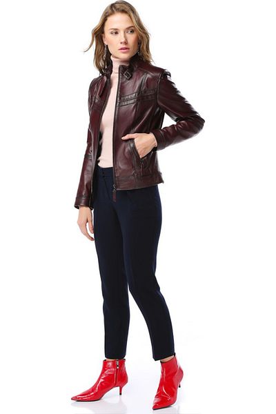 Dericlub Siena Femei - Palton Slim Fit Roșu Claret din Piele Naturală