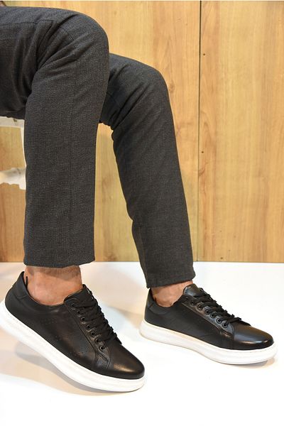 Prego ZIO MODA - Ανδρικά παπούτσια casual, γνήσιο δέρμα, ελαφριά σόλα, κορδόνια, μαύρο