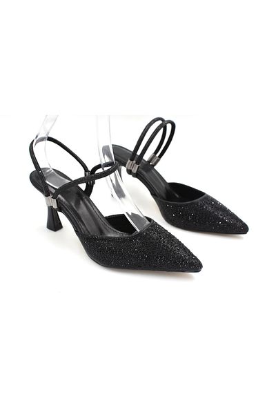 Prego Women's Black Heeled Shoes with Drop and Stone Detail - Closed Toe