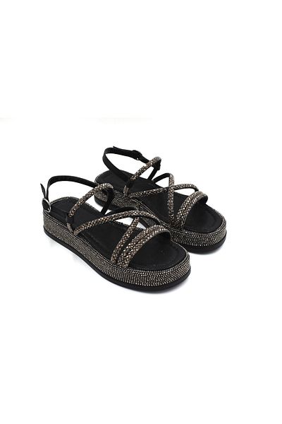 Prego Women's Black Sandals with Stone Detail - Park Moda