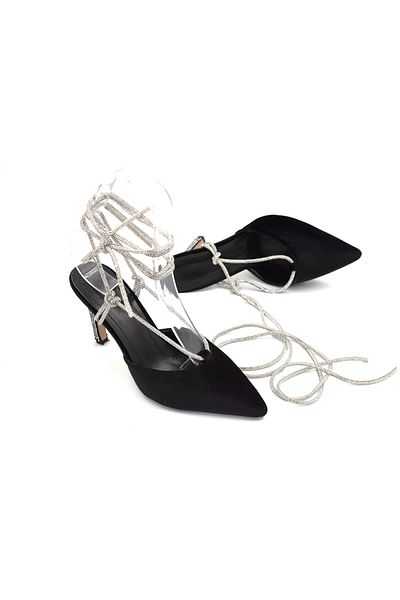 Prego Stone Detailed Pine Cone Closed Toe Heeled Black Women's Shoes