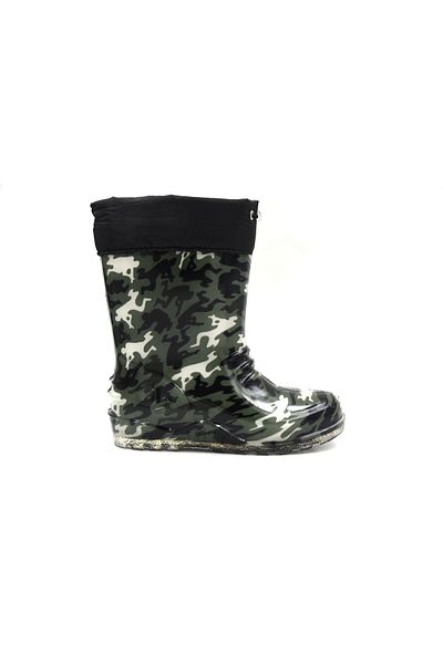 Prego Cizme de ploaie pentru copii din plastic din lână fleece - NEGRU VERDE