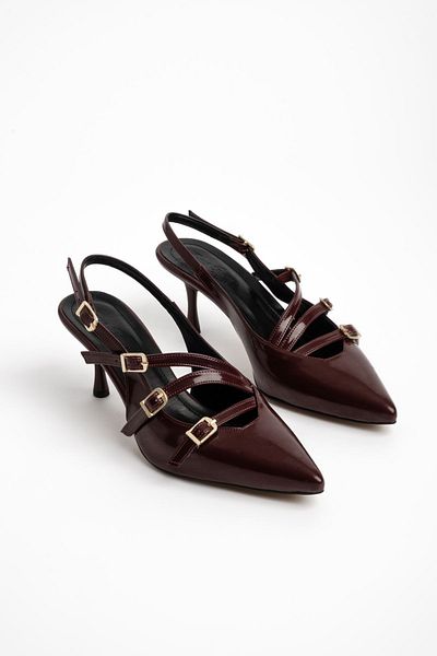 Prego Pantofi de damă cu toc cu detaliu cu 3 catarame Burgundy Pine Cone