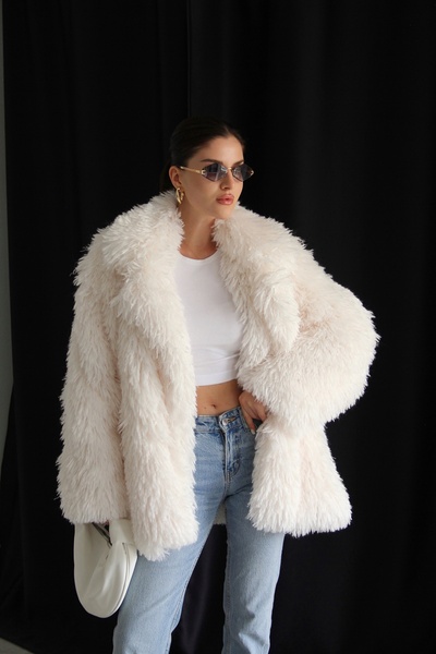 Julidress Ecru White Dense Feather Pocket Lined Premium Fur