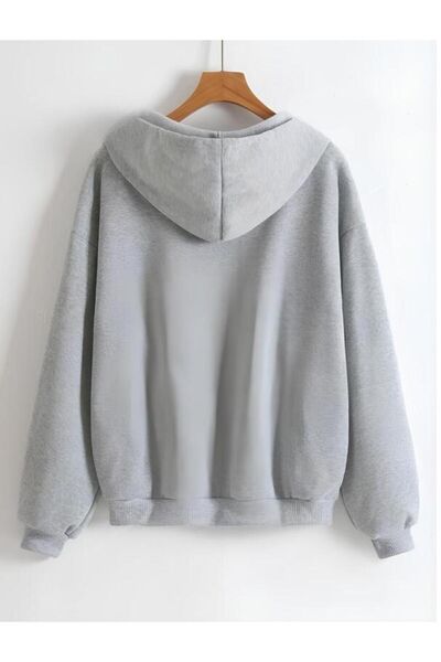 modaberry Legend Cardigan - Gray Printed Winter Oversize Hooded Zippered Pocket Detailed Cardigan
