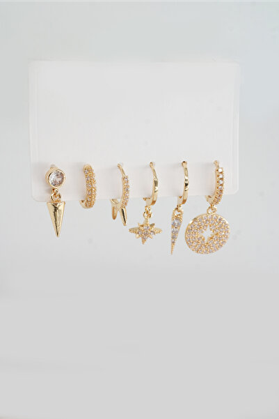 By Zeyna Aksesuar Kadın Kararmaz Altın Kaplama 6'lı Zirkon Set Küpe