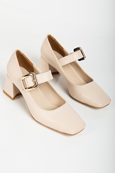 ALTIN TOPUK Pantofi clasici cu toc pentru damă, bej mat, cu vârf pătrat