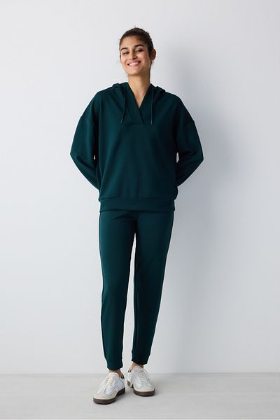 Penti Dark Green V-Neck Hooded Silky Touch Sweatshirt