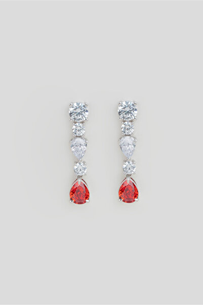 So CHIC... Kırmızı Taşlı 18 Ayar Beyaz Altın Kaplama Gümüş Küpe