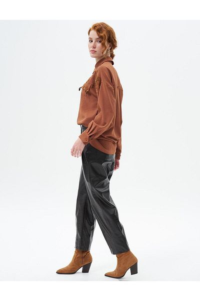 KYR Faux Leather Dark Brown Trousers - Metal Accessory Detail