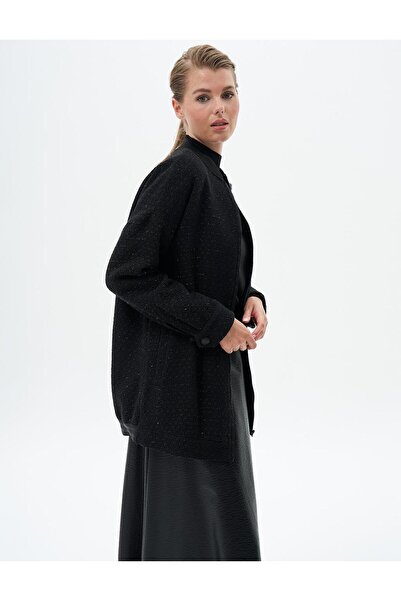 Kayra Black Jacket - Ribbed and Brooch Detailed