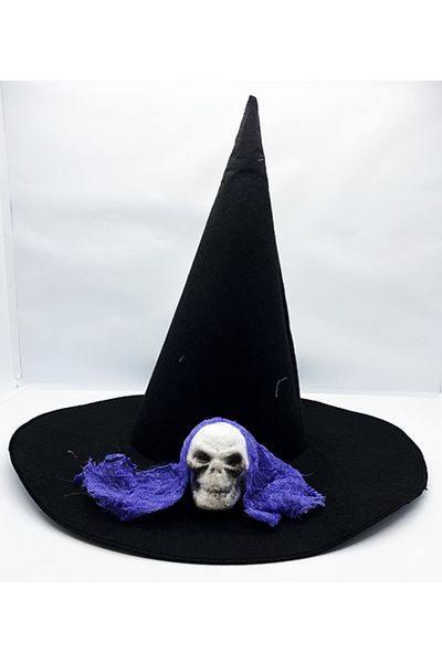 nuit dose Black Color Blue Veiled Skull Themed Witch Hat 35X38 cm