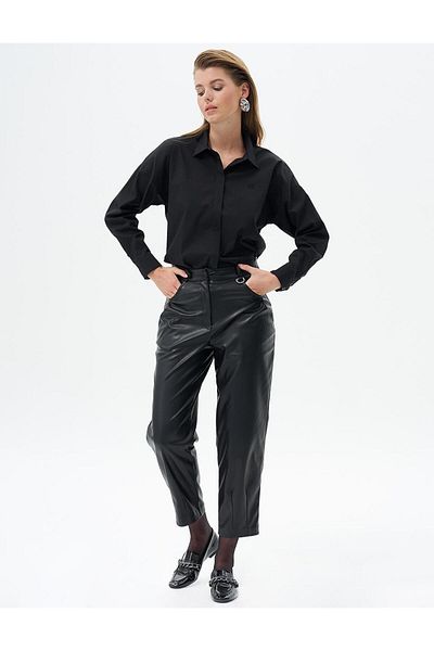 KYR Faux Leather Trousers with Metal Accessory Detail Black