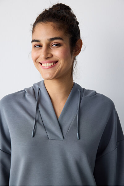 Penti Gri V Yaka Kapüşonlu Silky Touch Sweatshirt