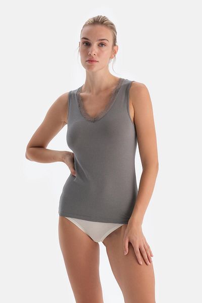 Dagi Dunkelgraue 5014Kc Modal-Kaschmir-Spitzenbluse mit V-Ausschnitt, ärmellos