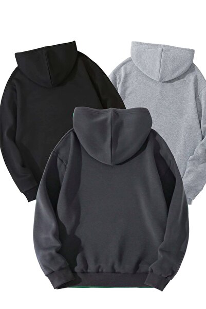 MODARİCH 3'Lü Düz Basic Sweatshirt - Siyah Gri Füme Oversize Şardonlu Kapüşonlu