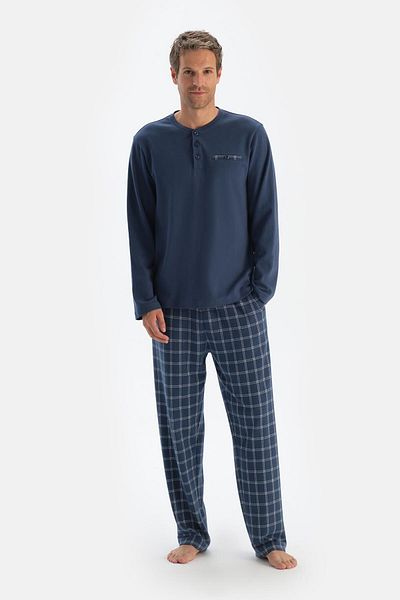 Dagi Set de pijamale cu mânecă lungă, tricou, pantaloni, cu buzunare flanel, albastru bleumarin