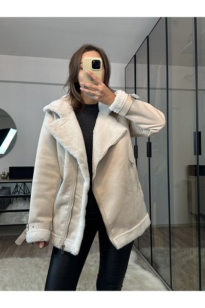 NET OF NOT Jennifer New Season Oversize Women's Belt Detailed Zr Leather Suede Ecru Coat