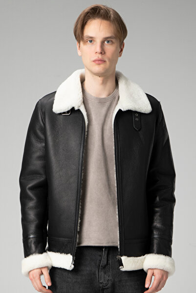Dericlub Pilotx Hakiki Kürk Beyaz Tüylü Siyah Erkek Kaban Siyah