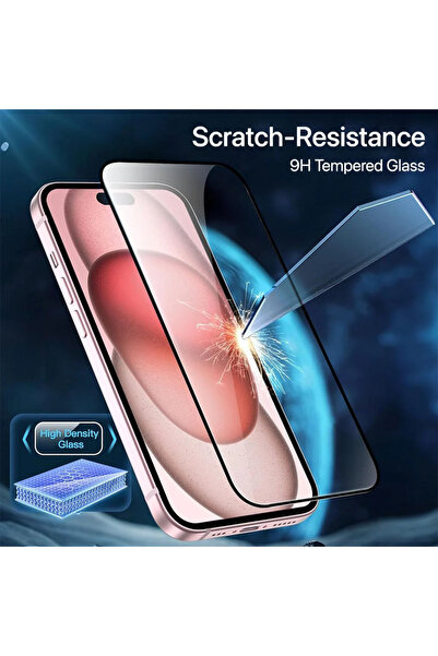 Fibaks Apple iPhone 15 Pro Uyumlu Tam Kapatan Tamperli Cam Ekran Koruyucu Kırılmaz Cam
