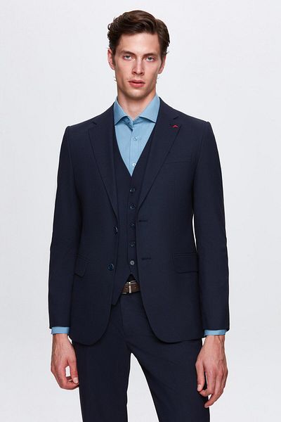 D'S Damat Sötétkék Slim Fit Mono gallérral hasított bélelt öltöny - mellényekkel
