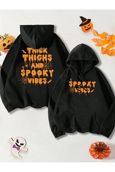 aynewmoda Hanorac negru cu glugă supradimensionat Halloween Spook Wibes