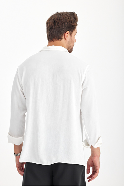 byata.style Erkek Beyaz Keten Bol Kalıp Dokulu Oversize Ayrobin Gömlek