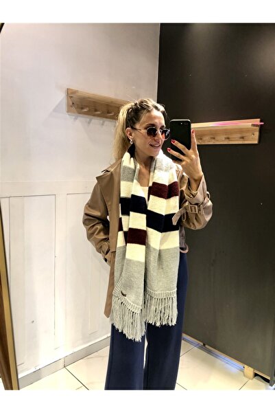 Gözde Tasarım Butik Hand-Knitted Handmade Wool Color-Blocked Tassel Detailed Knit Scarf Shawl
