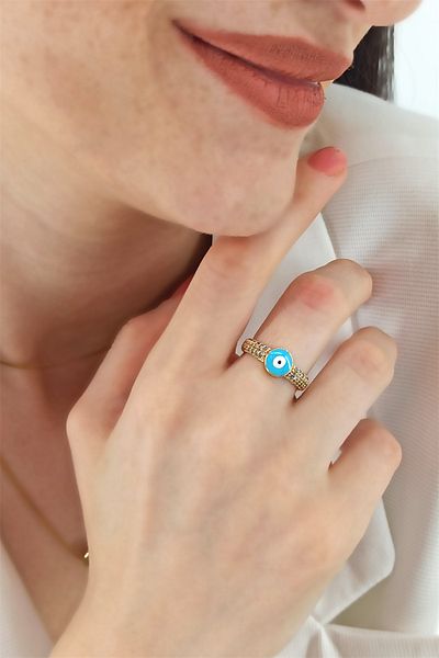 Çlk Accessories Adjustable Stone Curved Evil Eye Bead Ring TrRing1277