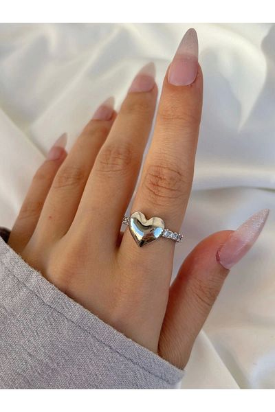 Eylülün Takısı Silver Colored Stoned Heart Model Women's Ring - Adjustable
