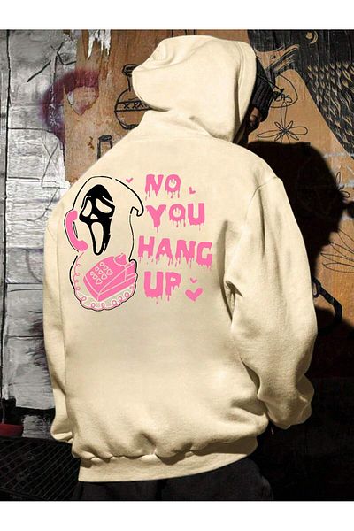 aynewmoda Halloween Themed Ecru Oversize Hooded Sweatshirt - Front and Back Printed