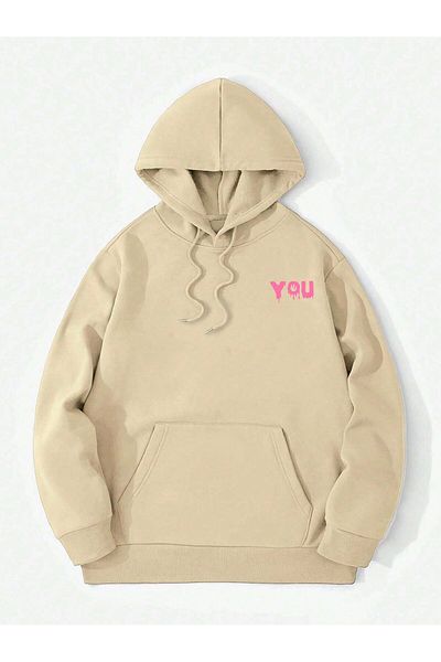 aynewmoda Halloween Themed Ecru Oversize Hooded Sweatshirt - Front and Back Printed