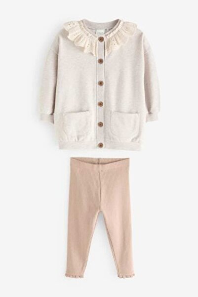 Next Baby Cotton Cream Lace Collar Cardigan Pink Leggings Bottom Top Set