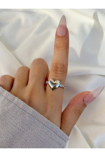 Eylülün Takısı Silver Colored Stoned Heart Model Women's Ring - Adjustable