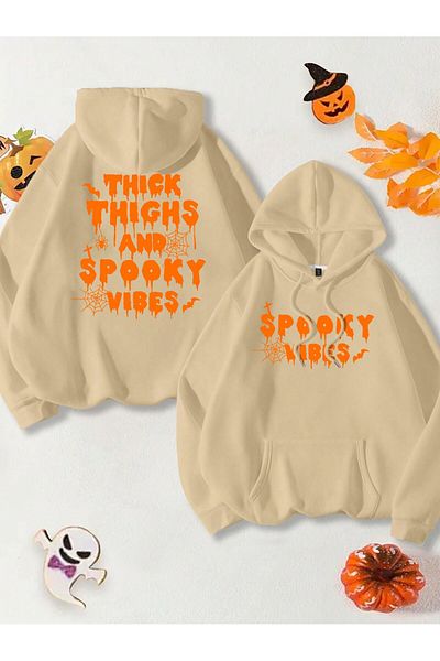 aynewmoda Hanorac cu glugă supradimensionat ecru cu model Halloween Spook Wibes