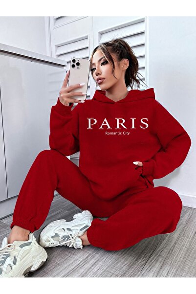 SeusCraft Paris Romantic City Sweatshirt Eşofman Altı Jogger - Kırmızı Baskılı Eşofman Takımı Kapüşonlu