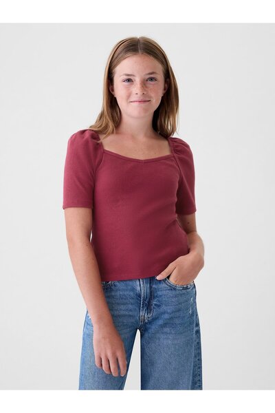 GAP Kız Çocuk Kırmızı Kalp Yaka Balon Kol T-Shirt