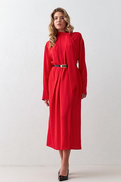 Setre Rochie midi roșie cu mânecă lungă, cu gât și curea