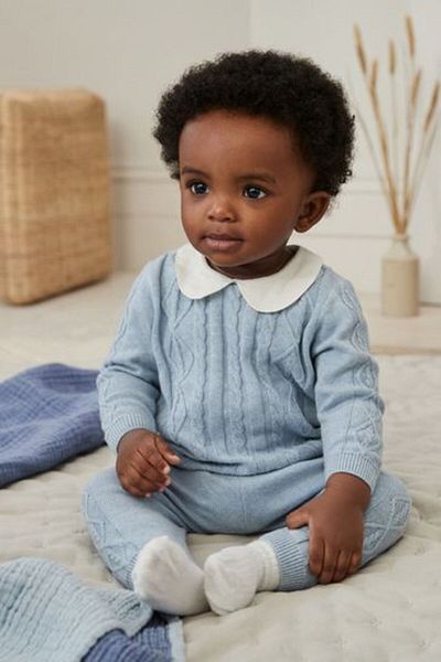 Next Baby 100% Cotton Blue Baby Collar Knitwear Premium Bottom and Top Set