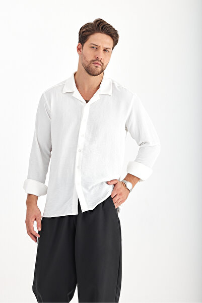 byata.style Erkek Beyaz Keten Bol Kalıp Dokulu Oversize Ayrobin Gömlek