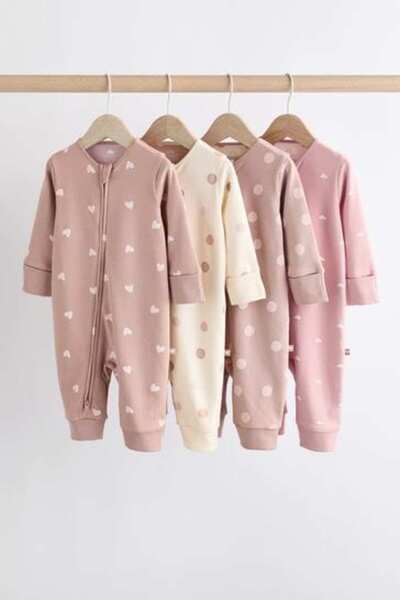 Next Baby 100% Cotton Pink Brown Heart Patterned Sleepsuit Set of 4