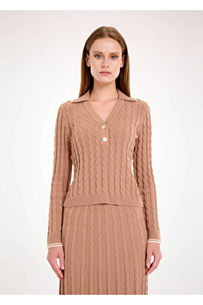 Knitss Saç Örgü Kontrast Çizgili Camel Triko