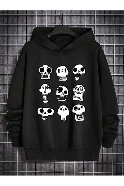 aynewmoda 9 Skeleton Caucasian Halloween Front Printed Black Oversize Hooded Sweatshirt Hoodie