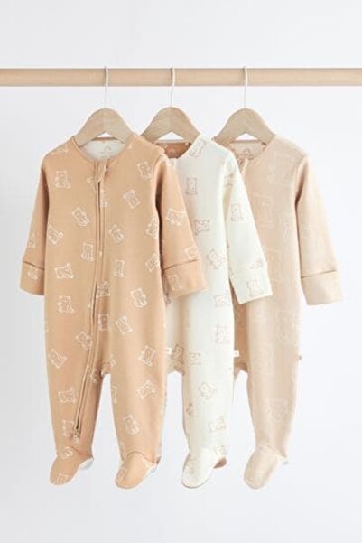 Next Baby % 100 Pamuklu Krem Ayıcık Desenli 3'lü Tulum Set